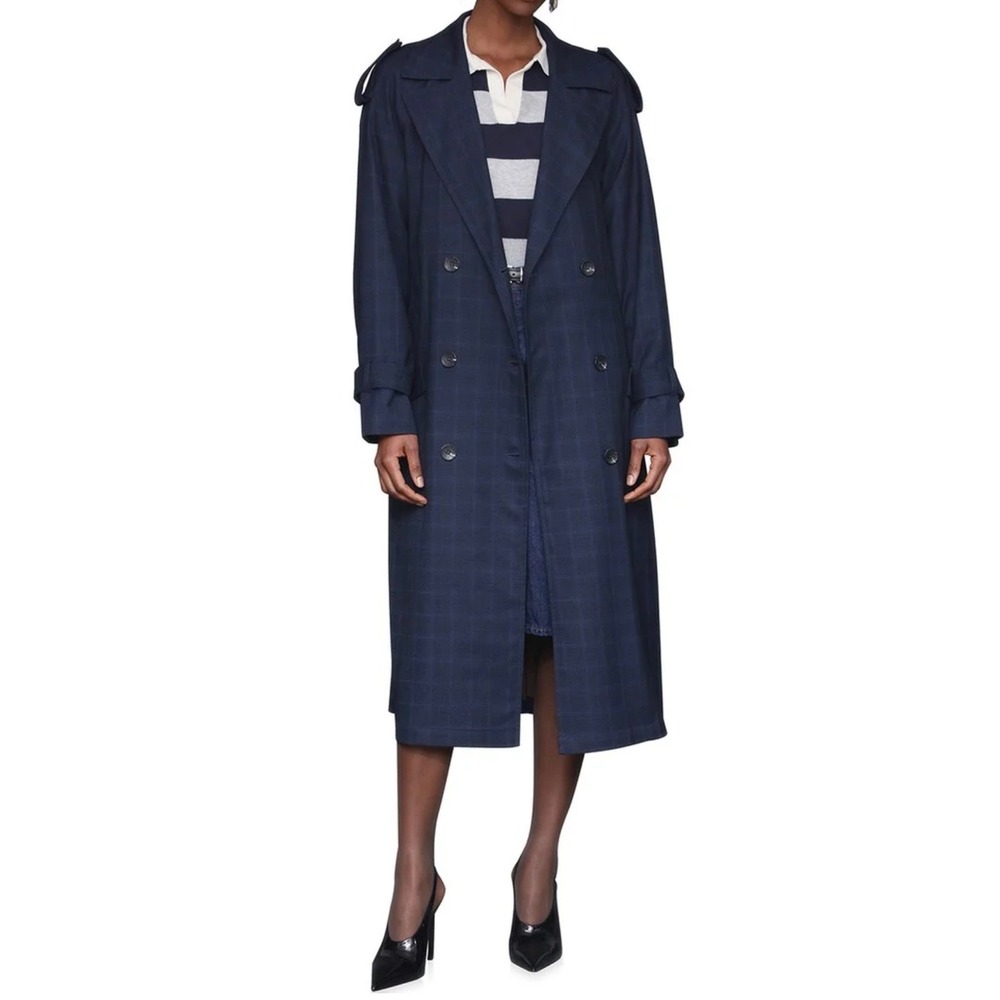 Avec Les Filles Womens M Navy Blue Plaid Trench Coat Double Breasted Belted NWT